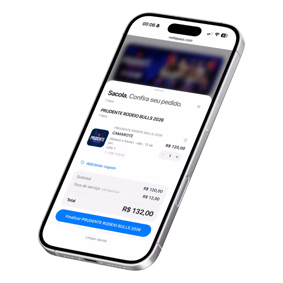 App da nottepass exibindo a tela de finalização de compra de um ingresso no celular.