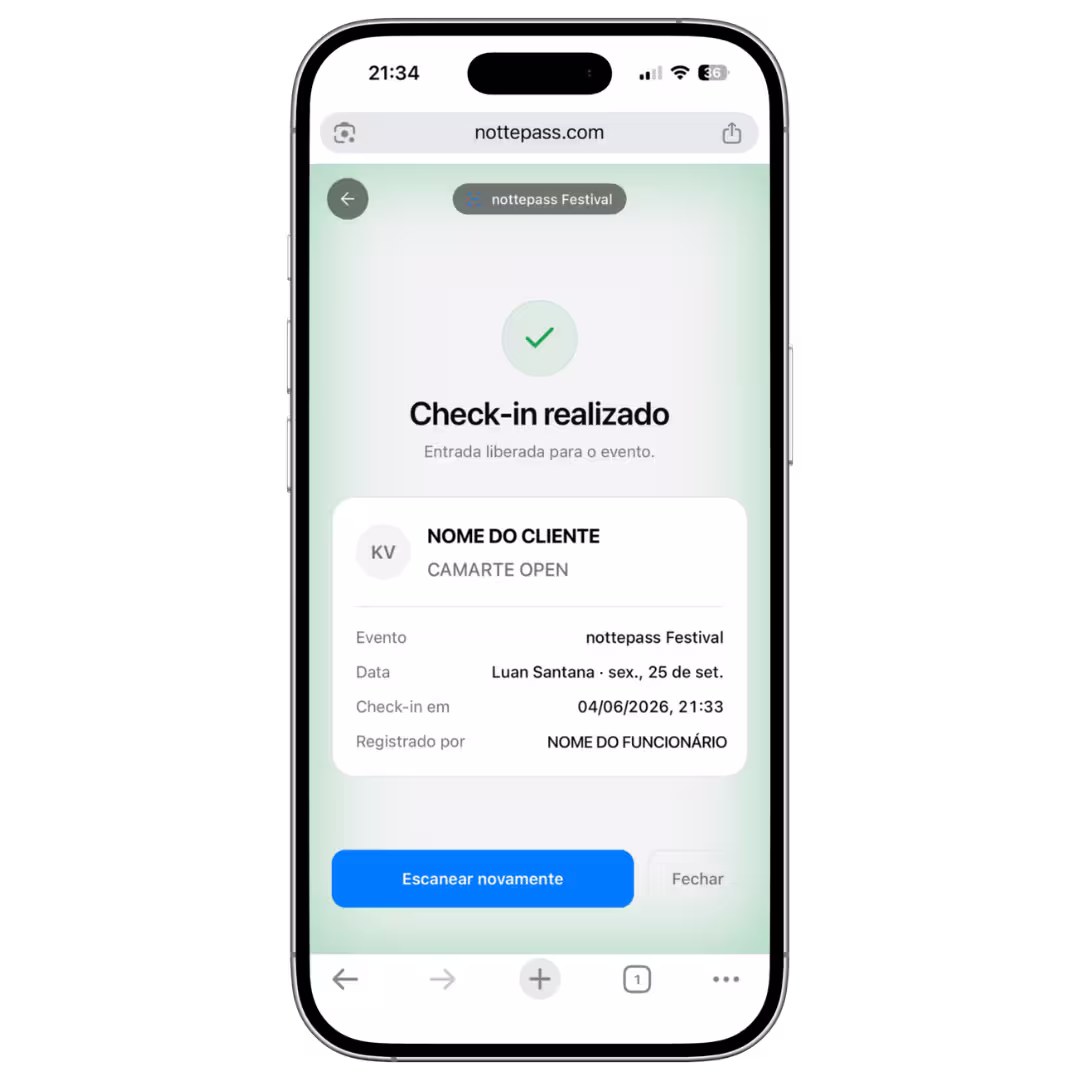 App de portaria da nottepass validando um QR Code na entrada, com contagem de check-ins em tempo real.