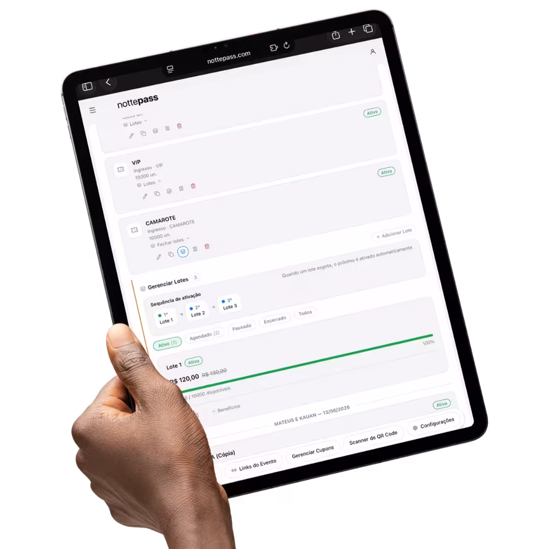 Painel de vendas da nottepass com lotes progressivos, cupons, parcelamento e programa de afiliados.